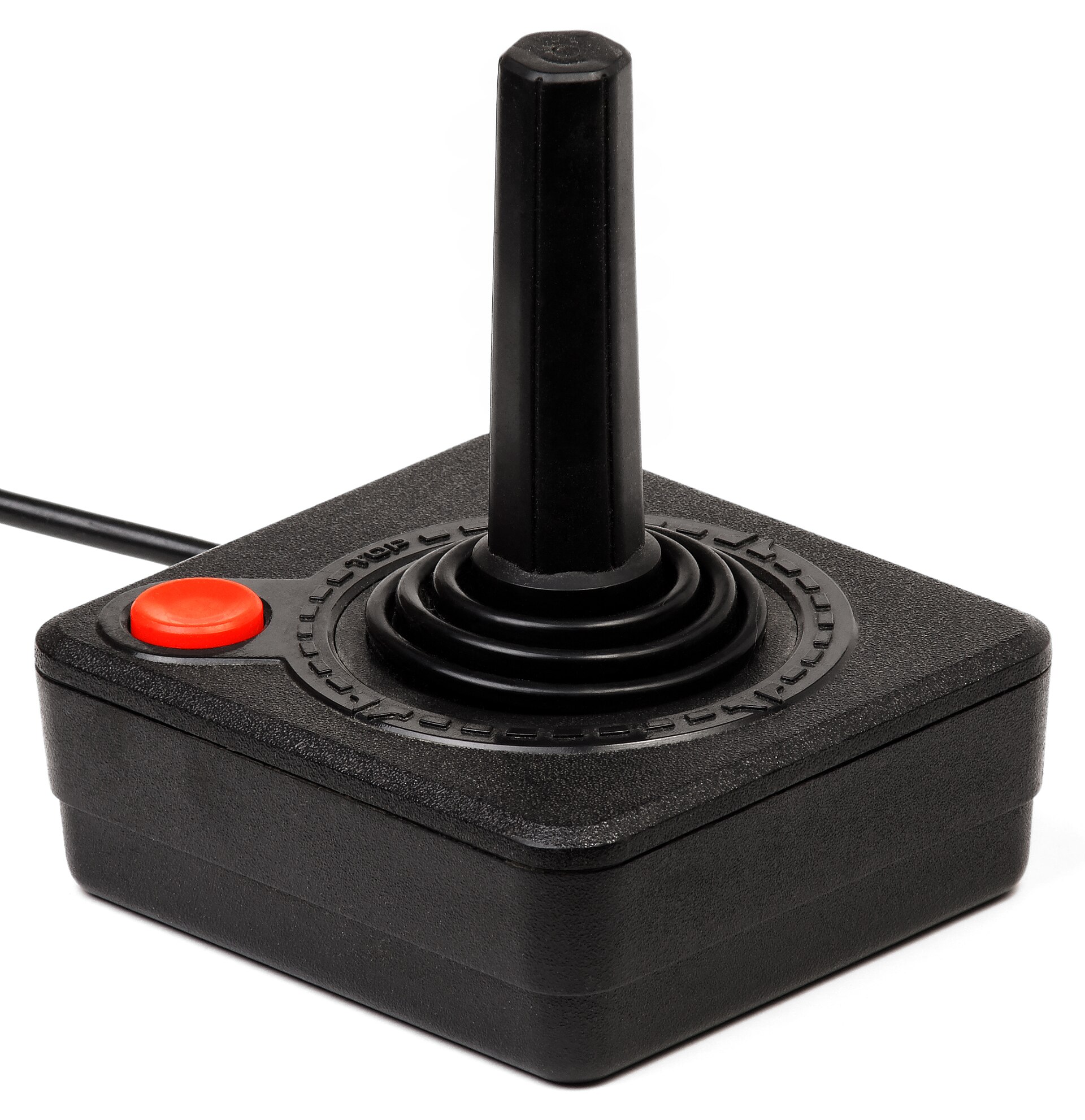 An Atari 2600 joystick with its single red button