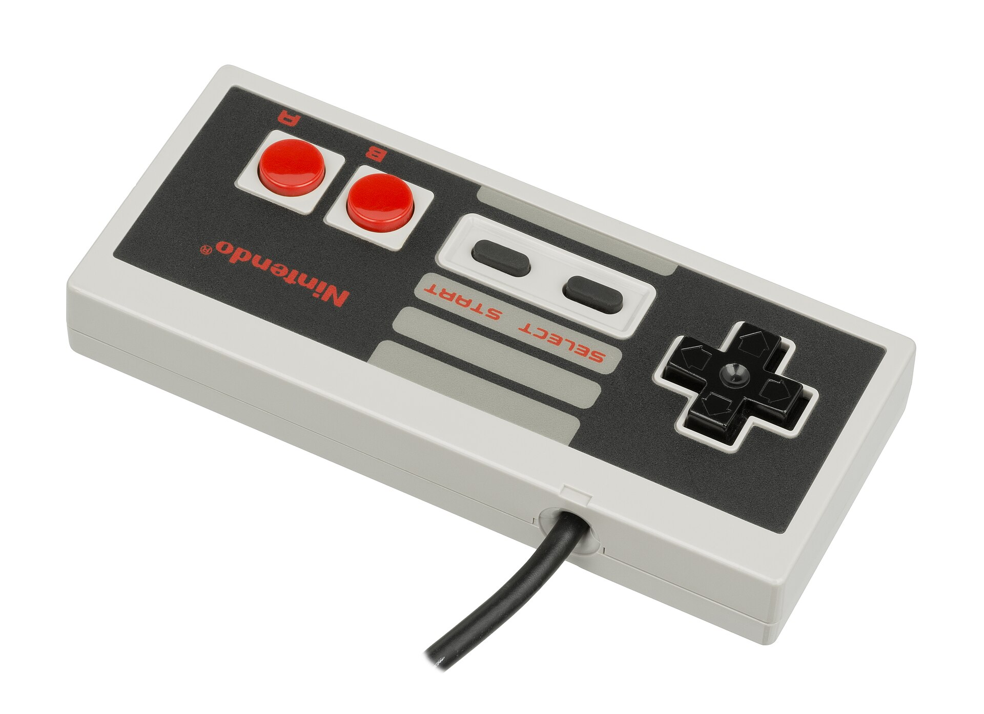 A grey NES controller with two red buttons and a cross-shaped pad